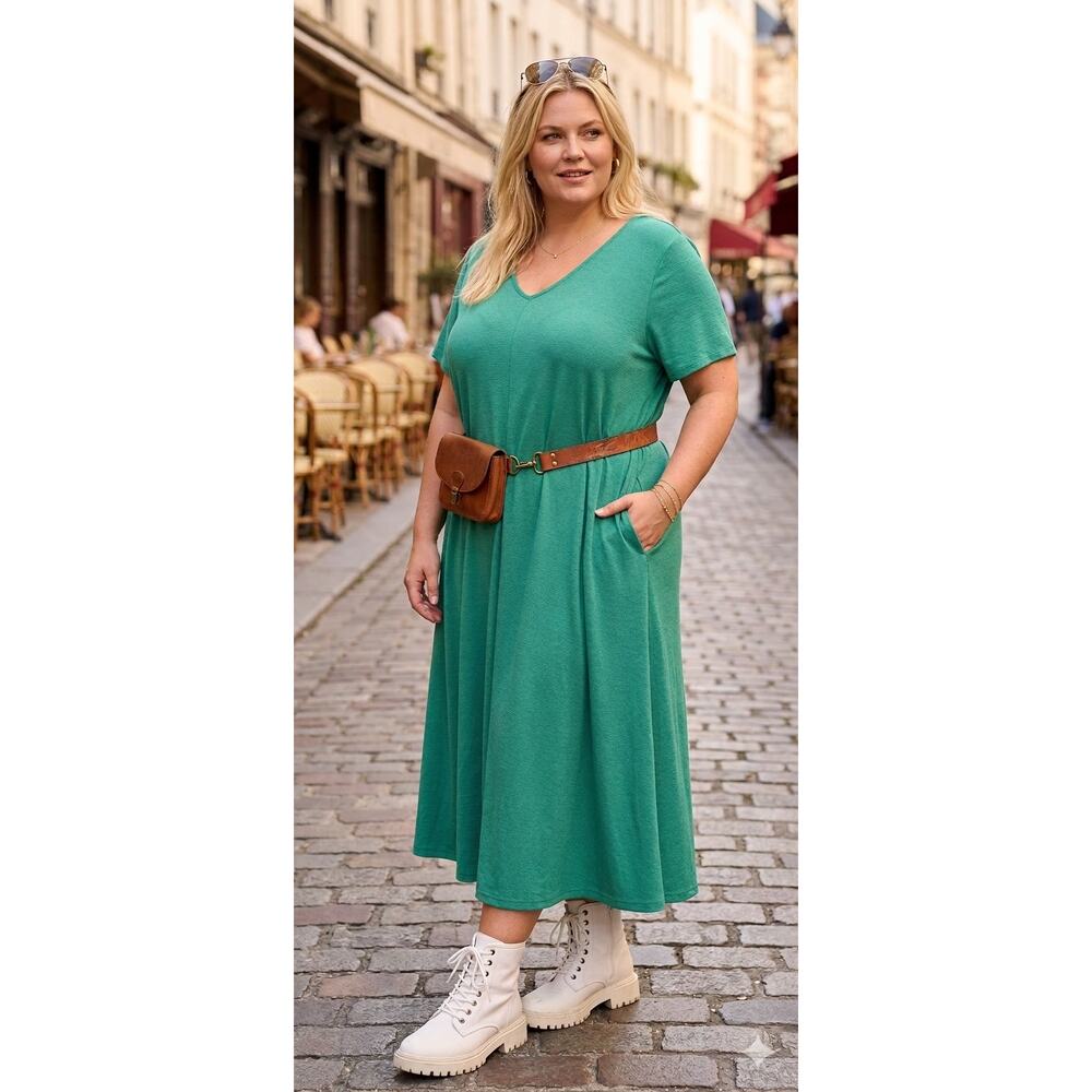 Sz 30/32W ROAMANS Spring Green V-neck and Back Short-sleeved Swing Dress - Picture 2 of 9